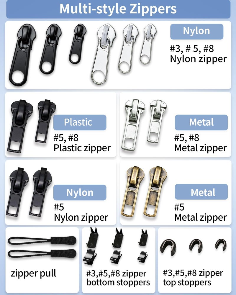 KOSOEUR Zipper Repair Kit (159 Pieces), Zipper Replacement Kit, Replacement Zippers Slider, Universal Zippers Fix Repair for Jacket, Coat, Backpack, Luggage, Suitcase (#3#5#8) - Image 3